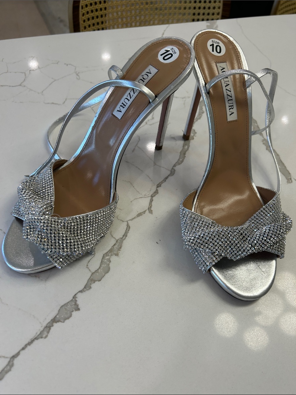Aquazzura Silver Crystal-Knot Slingback Stiletto Sandals